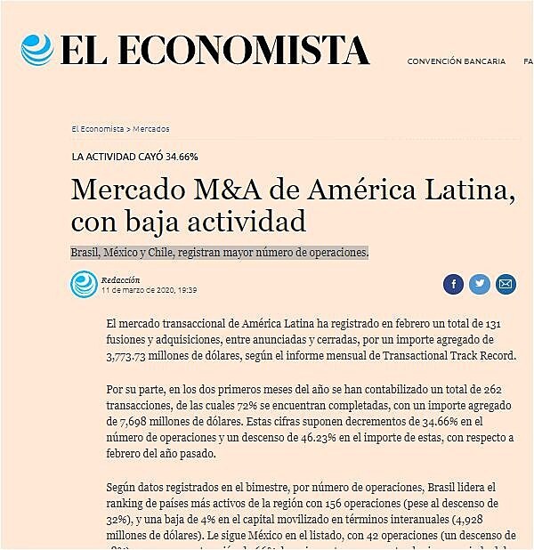 Mercado M&A de Amrica Latina, con baja actividad